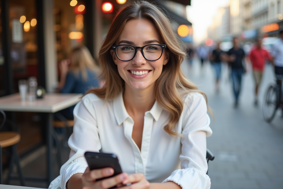 Femme souriante utilisant Tandem dans un café en ville