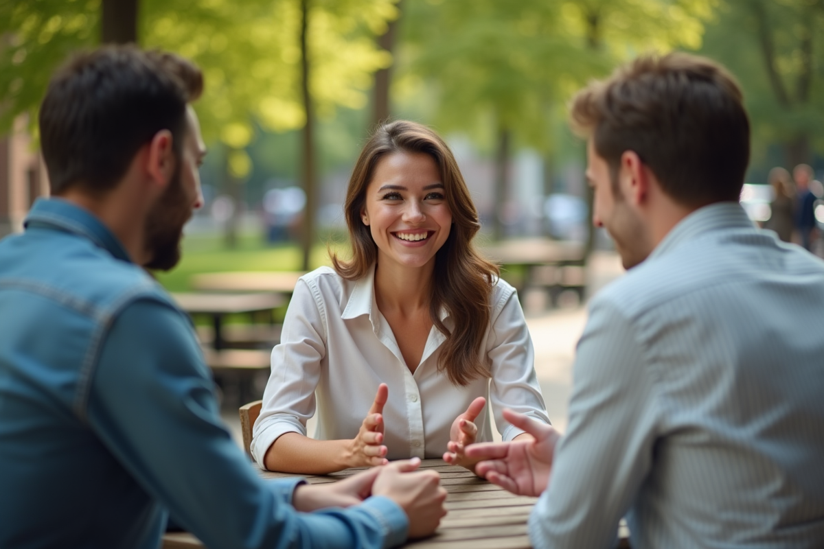 Jeune femme souriante parlant dans un café en ville