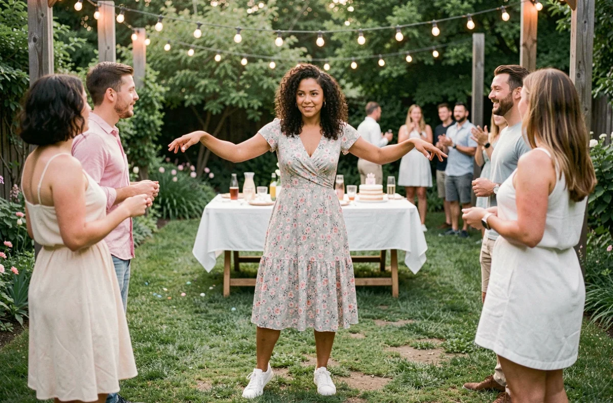 Femme enseignant une chorégraphie simple à ses amis lors d'une fête d'anniversaire en plein air dans un jardin