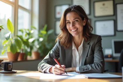 Femme confiante au bureau avec documents et certificats