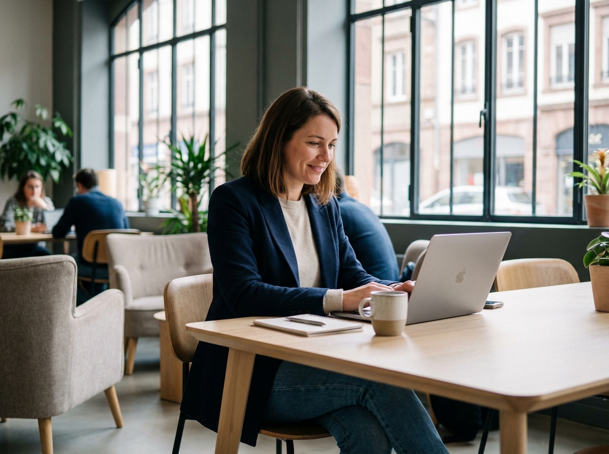 Femme au bureau dans un espace coworking à Belfort