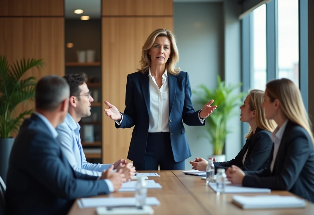 Femme en blazer navy dirige une réunion en entreprise