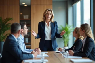 Femme en blazer navy dirige une réunion en entreprise
