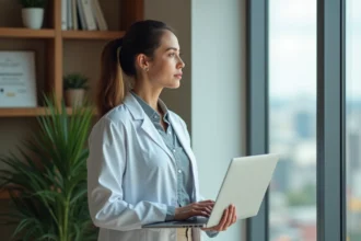 Femme médecin en bureau moderne contemplant la ville