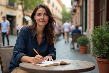 Femme écrivant en voyage à Madrid avec architecture espagnole
