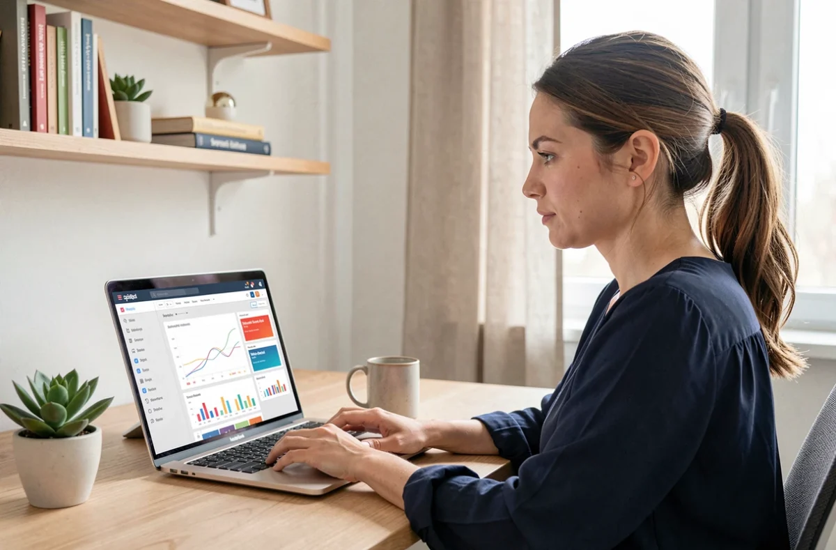 Femme entrepreneur utilisant un logiciel de newsletter sur son ordinateur portable dans un bureau à domicile moderne