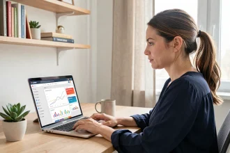 Femme entrepreneur utilisant un logiciel de newsletter sur son ordinateur portable dans un bureau à domicile moderne