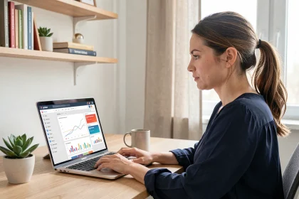 Femme entrepreneur utilisant un logiciel de newsletter sur son ordinateur portable dans un bureau à domicile moderne