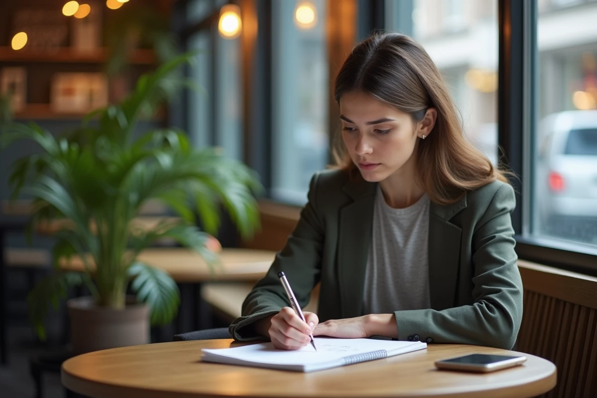 Jeune femme entrepreneure sketchant dans un café