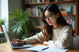 Femme étudie le TOEIC à la maison avec ordinateur et cahier