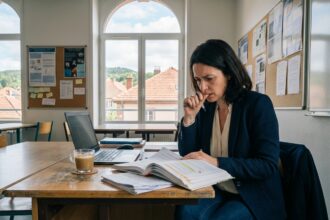 Femme concentrée étudiant dans une salle moderne à SaintDiédesVosges