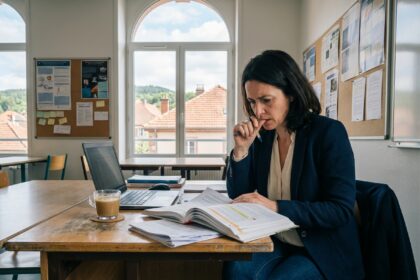 Femme concentrée étudiant dans une salle moderne à SaintDiédesVosges