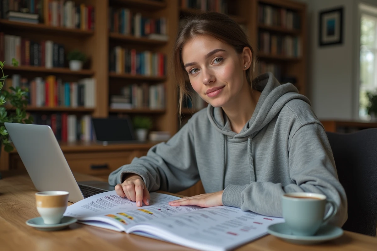 Jeune femme étudiant le code de la route avec un manuel de révision ouvert sur un bureau en bois