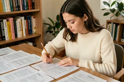 Jeune femme étudiant un exemple de test TOEIC imprimé à son bureau à domicile
