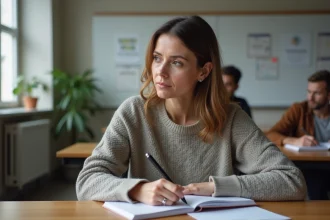 Femme en formation adulte prenant des notes en classe