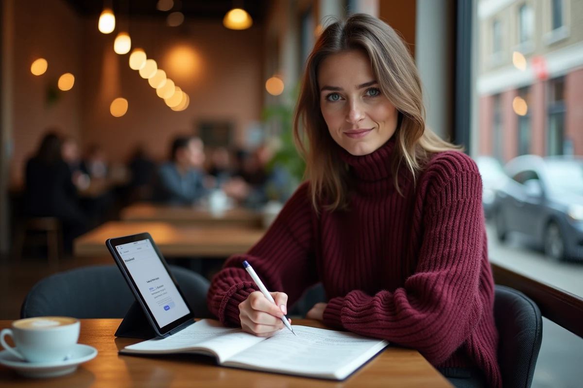 Femme prenant des notes sur un abonnement formation marketing infoproduits dans un café chaleureux avec tablette numérique
