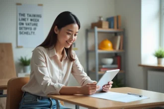 Femme en formation dans une salle moderne et lumineuse