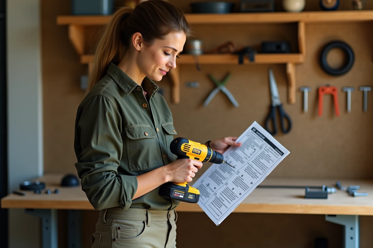 Femme consultant un guide de bricolage dans son atelier de garage, tenant une perceuse sans fil pour un projet DIY à domicile