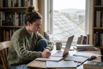 Jeune femme concentrée dans son bureau à la maison