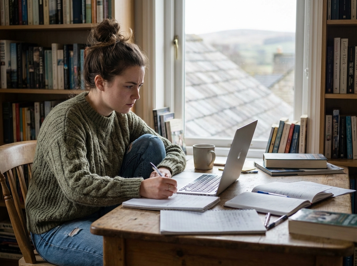 Jeune femme concentrée dans son bureau à la maison