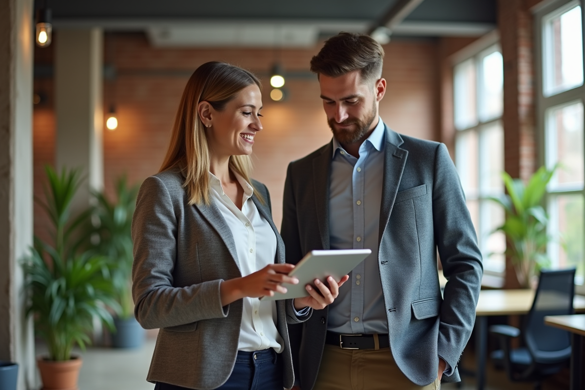 Femme et homme discutant avec une tablette dans un bureau