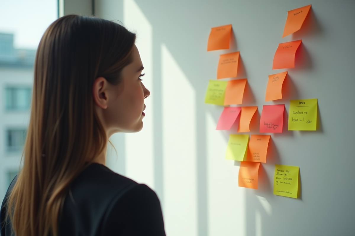 Jeune femme réfléchissant devant des notes colorées en V