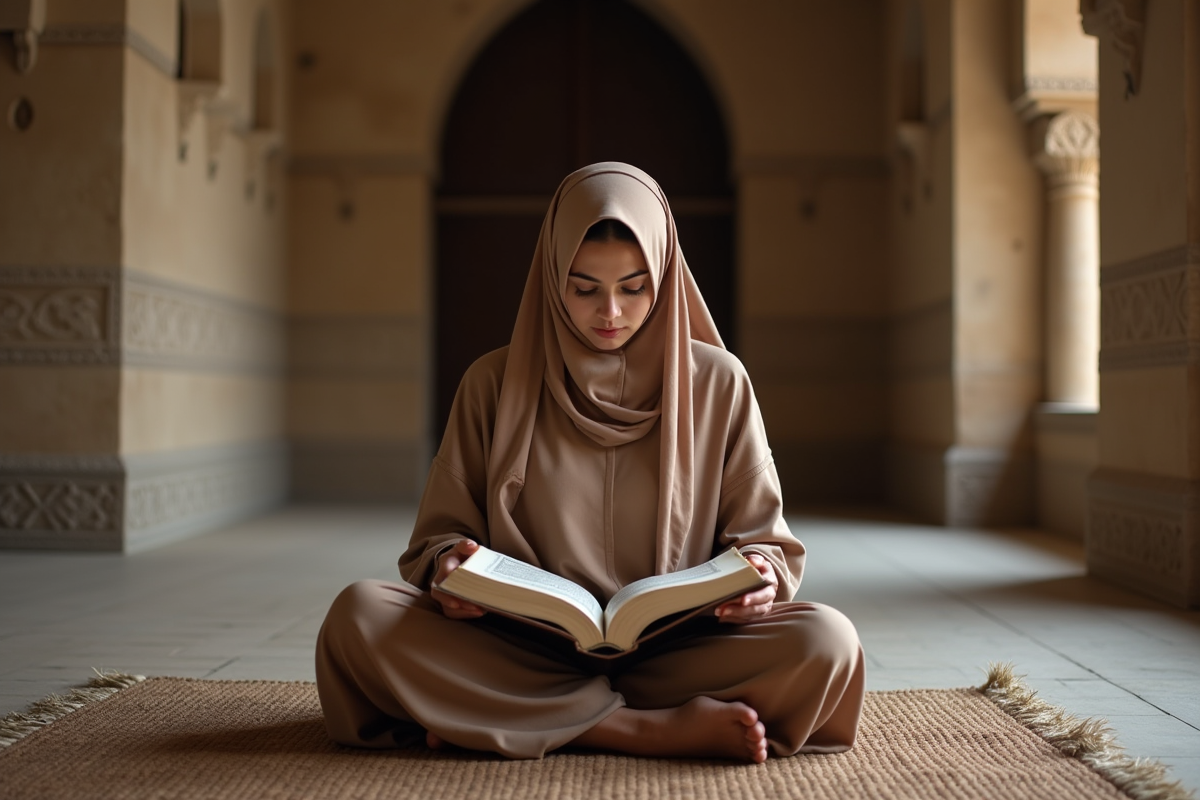 Femme lisant le Quran dans un intérieur historique