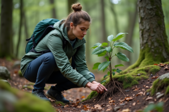 Femme à la découverte des racines d'une plante sauvage en forêt