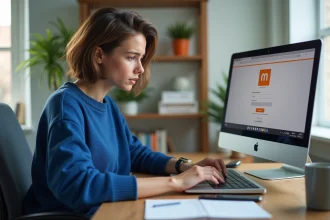 Jeune femme concentrée sur son ordinateur dans un bureau lumineux