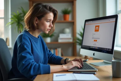 Jeune femme concentrée sur son ordinateur dans un bureau lumineux