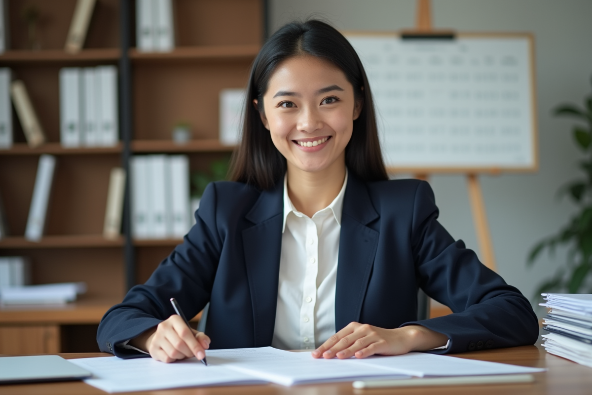 Femme en bureau organise des documents pour l'article
