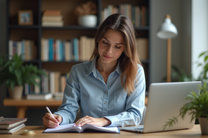 Jeune femme concentrée sur son planner dans un bureau organisé