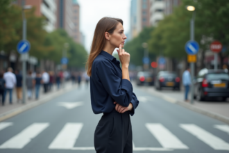 Femme pensive à un croisement urbain en matinée