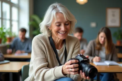 Femme souriante en atelier photo avec DSLR