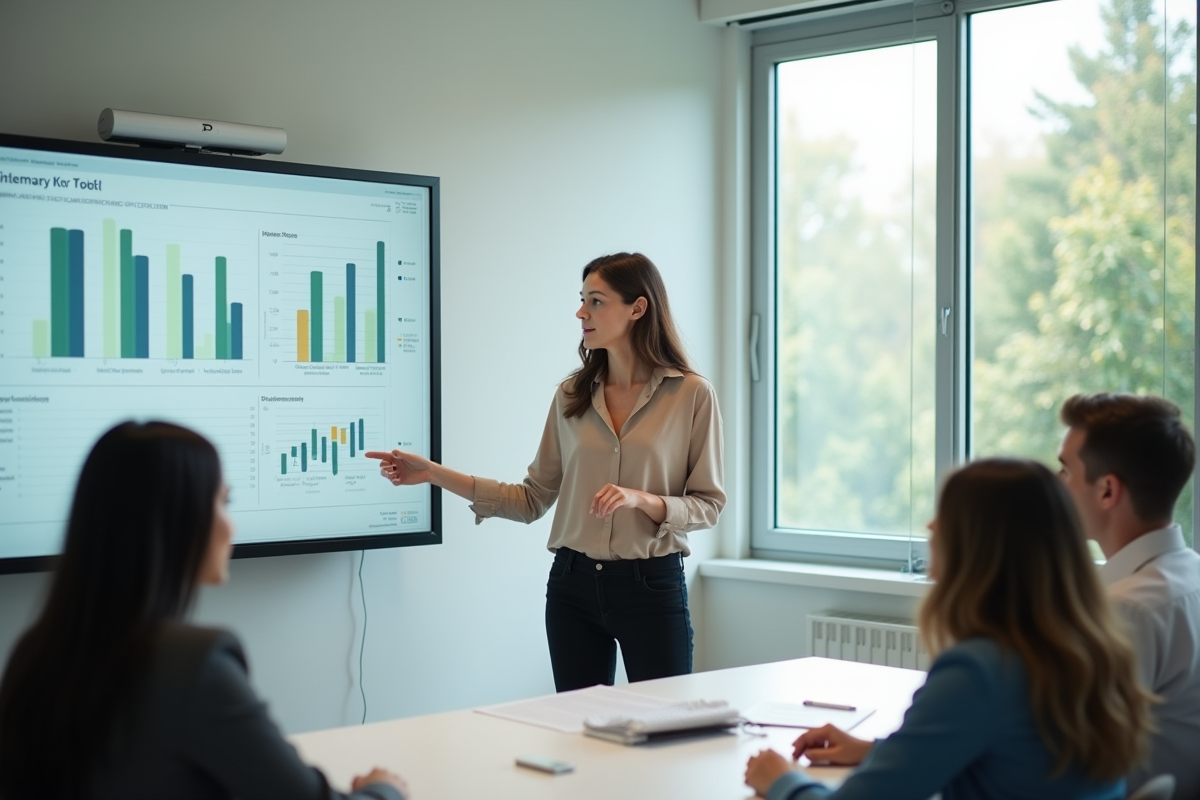 Femme expliquant des données à une réunion
