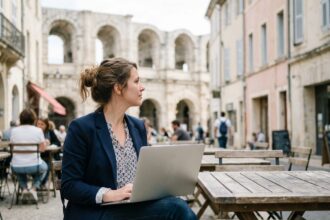 Femme professionnelle à Arles regardant le théâtre romain