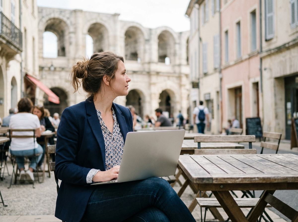 Femme professionnelle à Arles regardant le théâtre romain