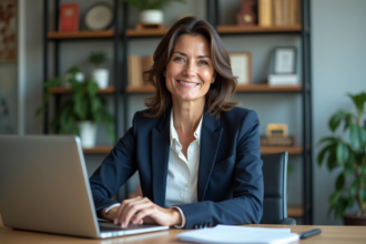 Femme confiante au bureau avec ordinateur et plantes