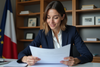 Femme professionnelle en bureau vérifiant documents officiels