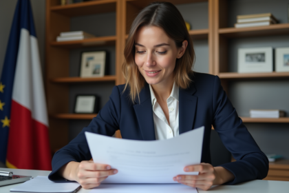 Femme professionnelle en bureau vérifiant documents officiels