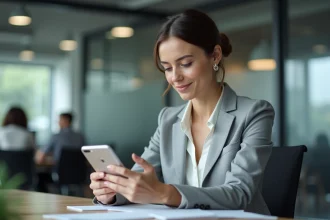 Femme professionnelle consultant l'extranet PSB sur son smartphone dans un bureau moderne