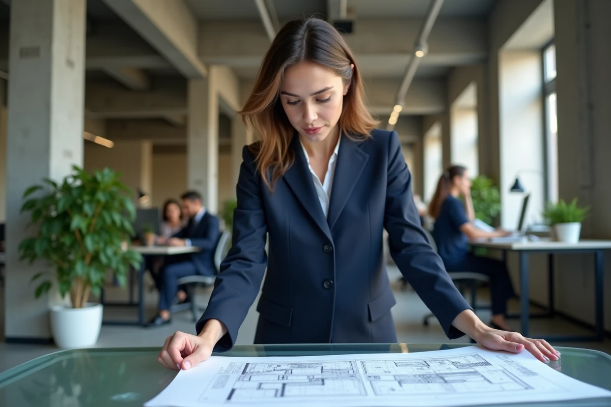 Femme professionnelle en blazer marine consultant des plans dans un bureau moderne, représentant un métier en Z méconnu et recherché