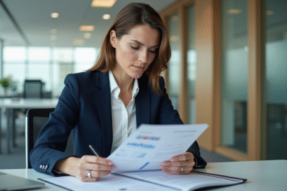 Femme en blazer bleu examine un rapport coloré au bureau