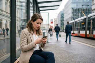 Jeune femme professionnelle assise à un arrêt de tram urbain