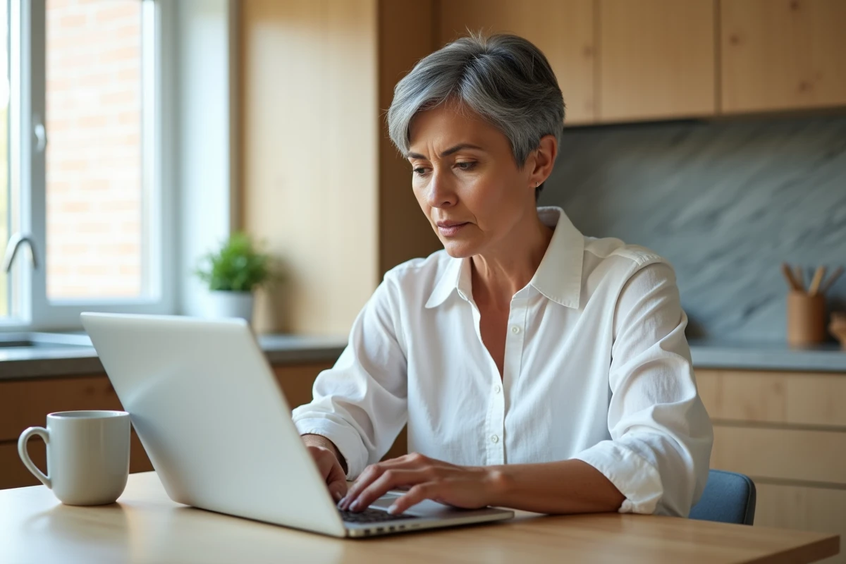 Femme de 40 ans concentrée sur un test de QI en ligne depuis sa cuisine avec un ordinateur portable et un café