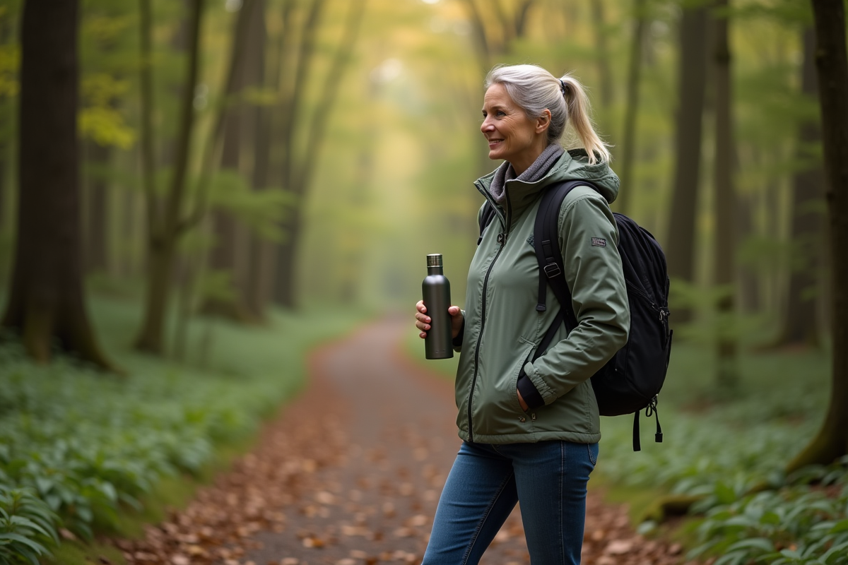 Femme en plein air dans la forêt avec bouteille réutilisable