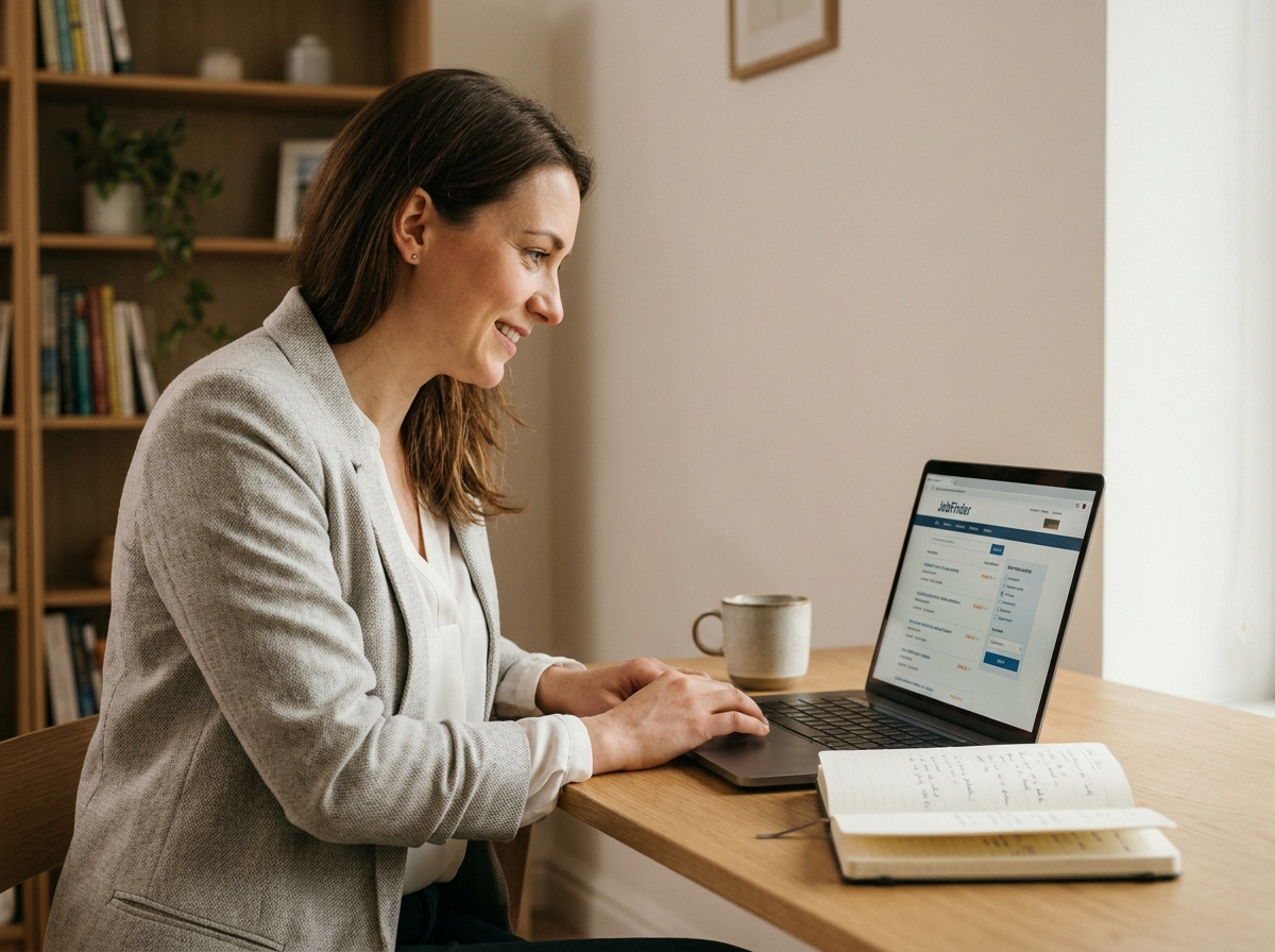 Femme consultant une plateforme emploi spécialisée sur son ordinateur portable depuis son bureau à domicile