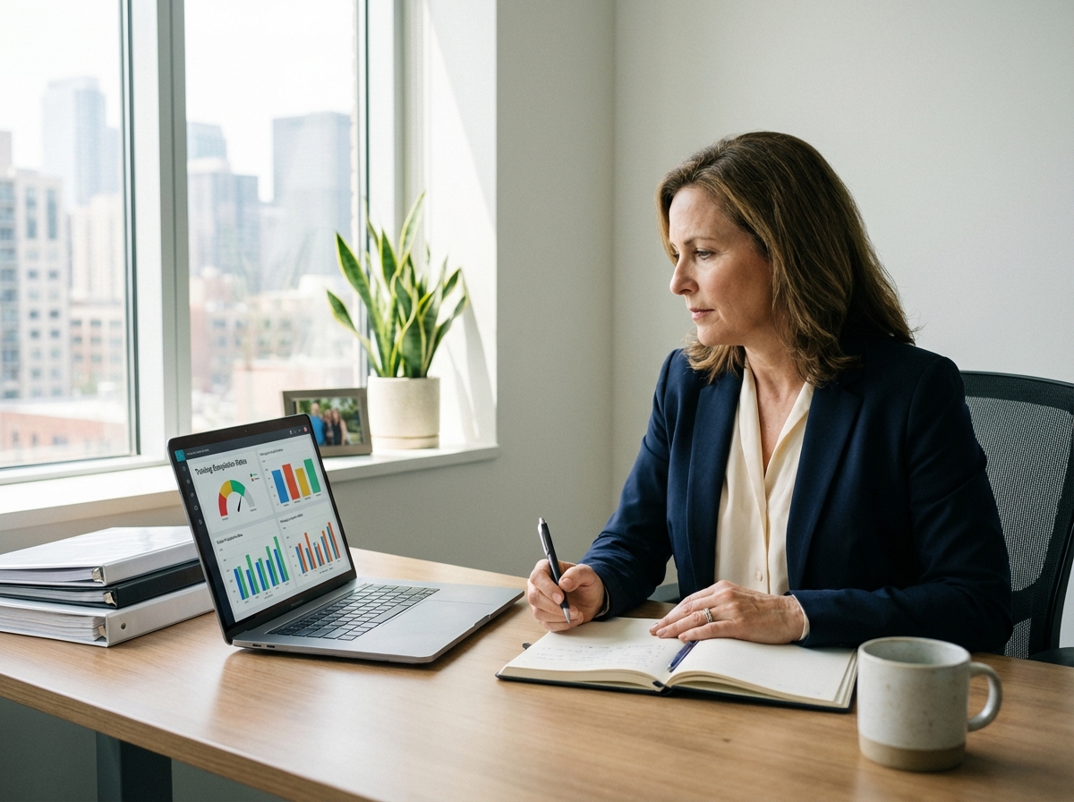 Femme RH analysant des données de formation sur son ordinateur