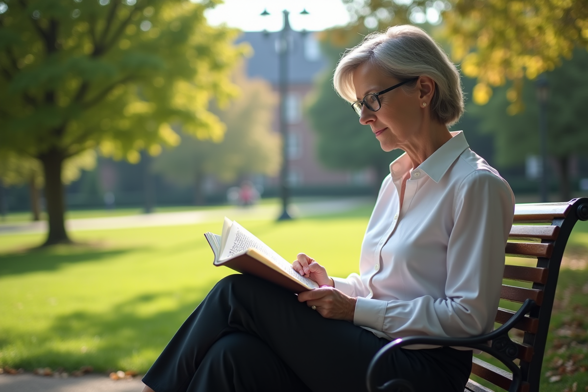 Femme scientifique assise sur un banc dans un parc lisant un journal