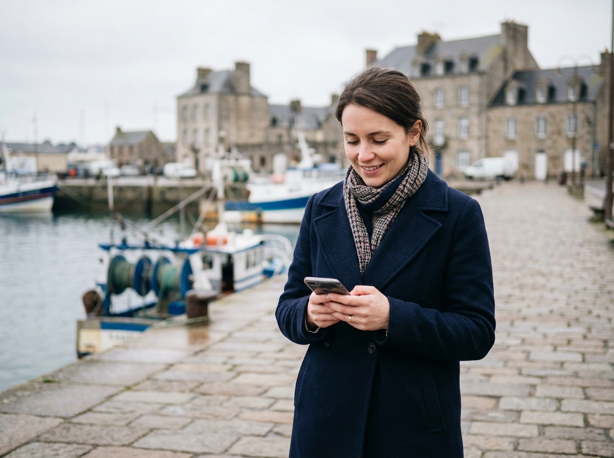 Jeune femme souriante avec manteau à Cherbourg